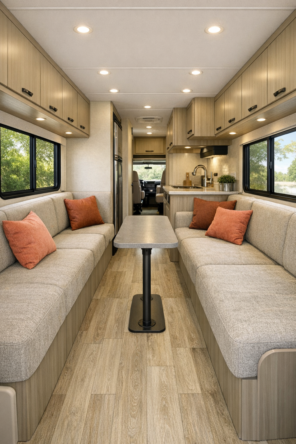 Accessible RV living room with oatmeal seating and coral accents