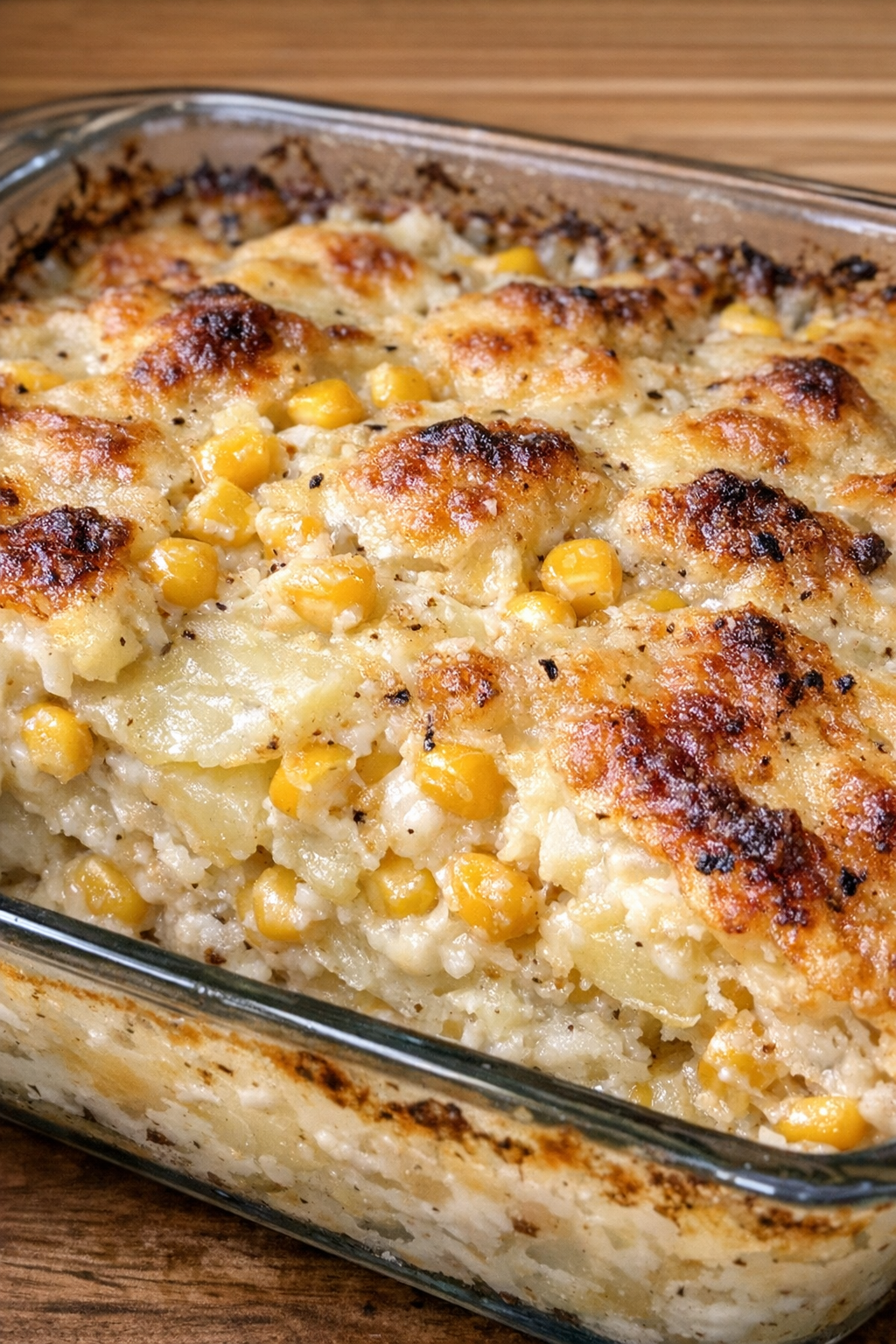 Creamy layered potato casserole with corn in a glass baking dish