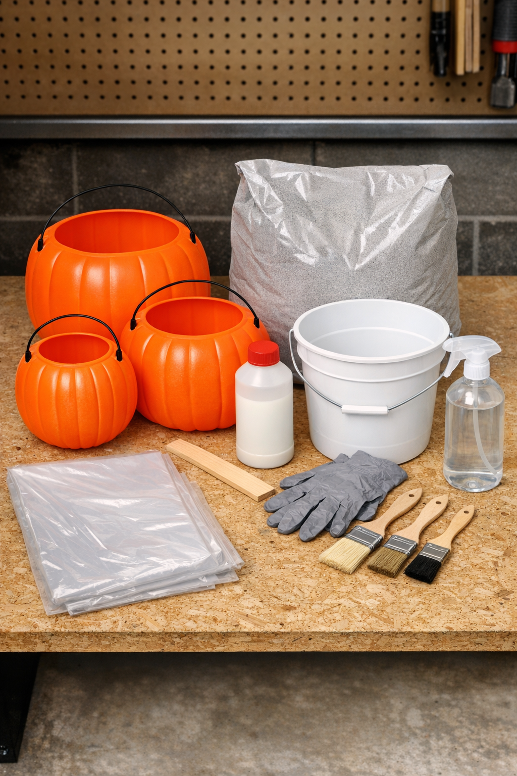 Materials for faux-stone cement porch pumpkins laid out on a work surface