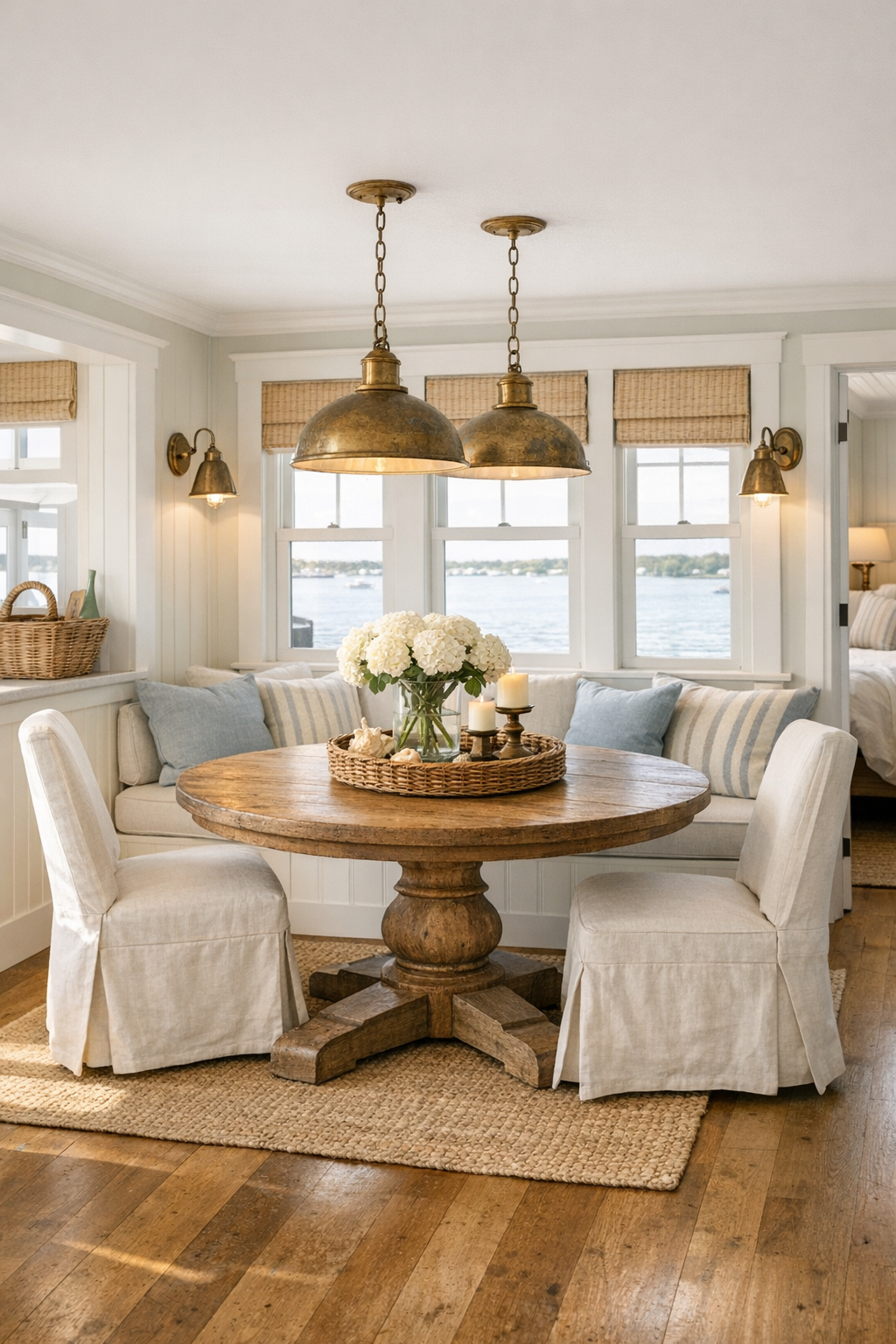 Coastal dining room with round oak table, slipcovered chairs, and a built-in banquette
