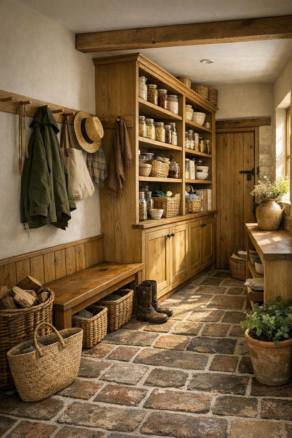 Mudroom and pantry area with stone flooring, oak storage, open shelving, and farmhouse utility details