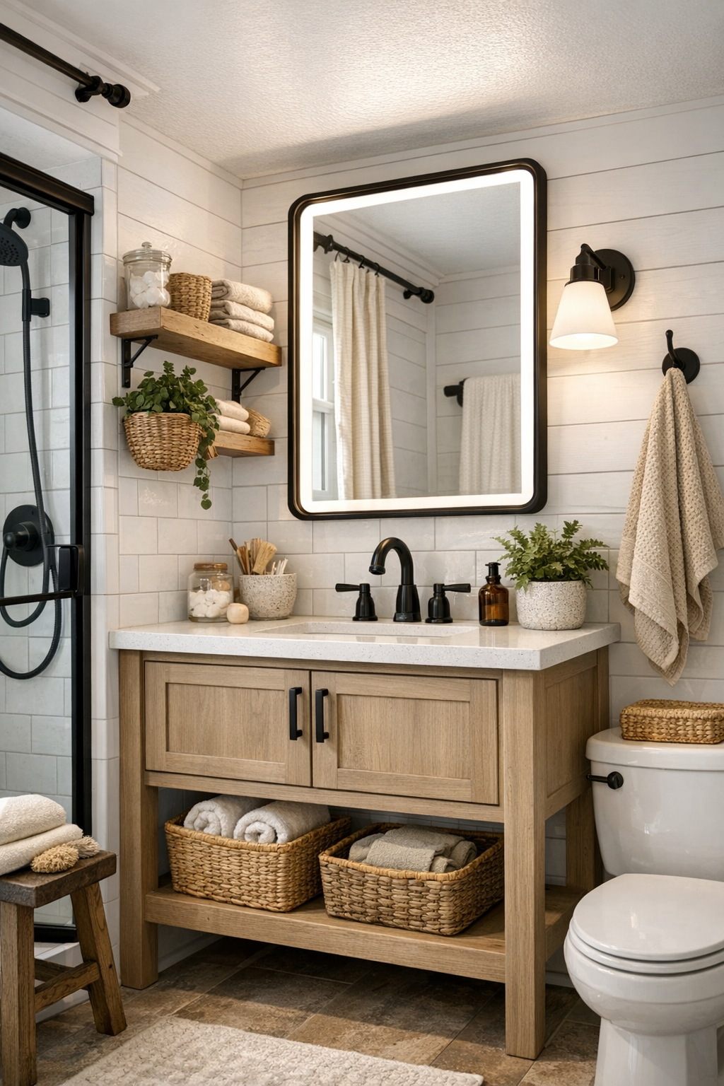 Bright farmhouse bathroom with black fixtures, light vanity, and simple tile finishes