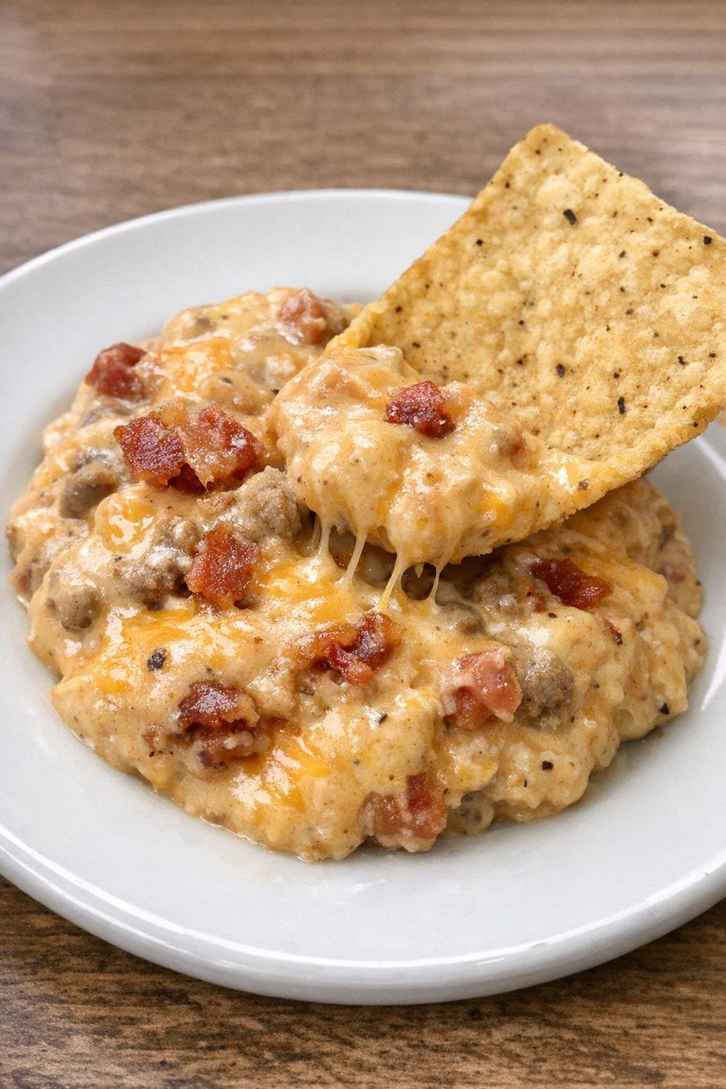 Single serving of slow cooker bacon cheeseburger dip with a tortilla chip scooping through creamy dip