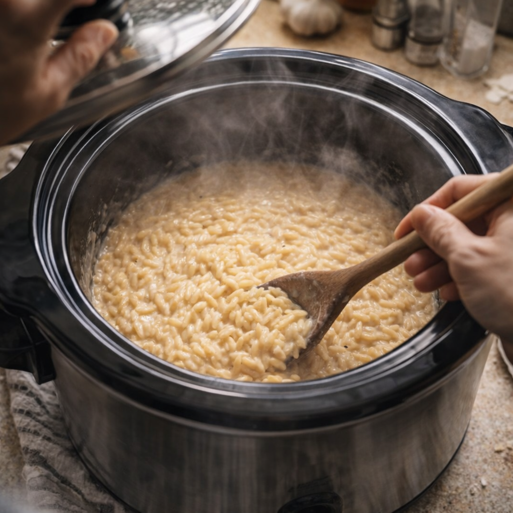 Slow cooker orzo halfway through cooking with a spoon stirring