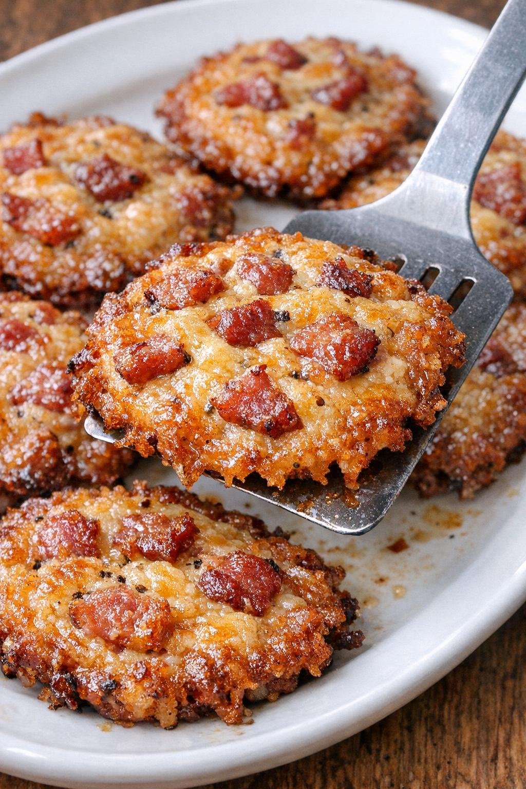 Close-up of finished bacon Harrington patties