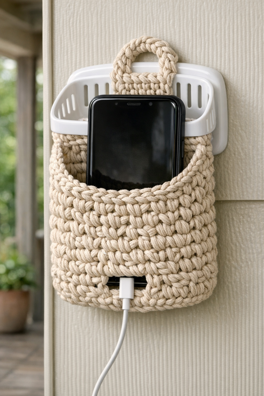 Finished crochet wall-mounted phone charging station