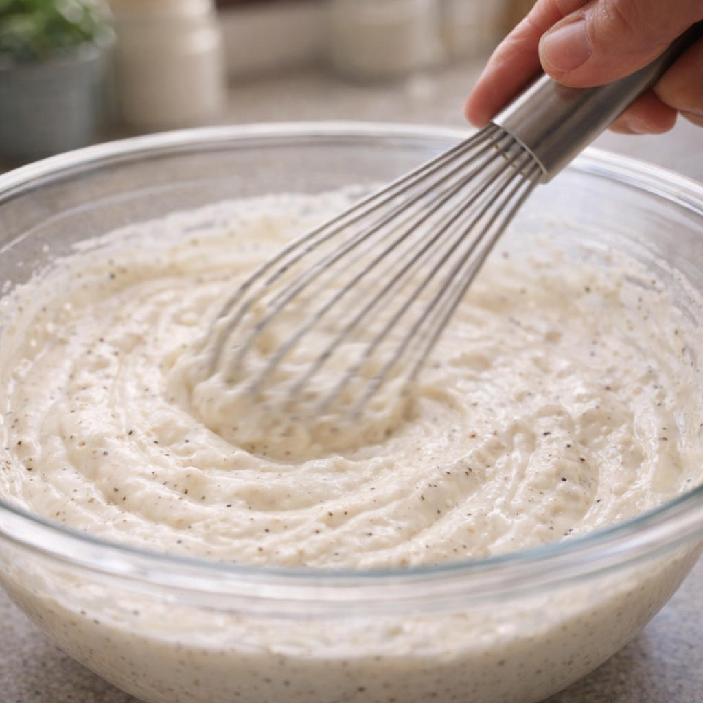 Mayonnaise dressing being whisked in a mixing bowl