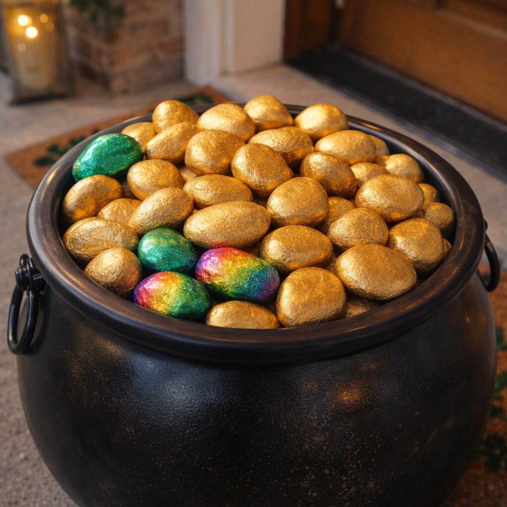 Colorful painted rocks mixed with gold ones in cauldron