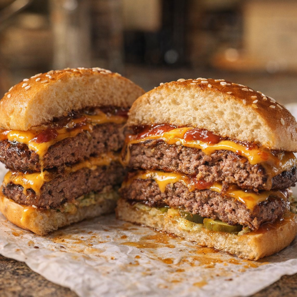 Burger cut in half showing thick patties and cheese