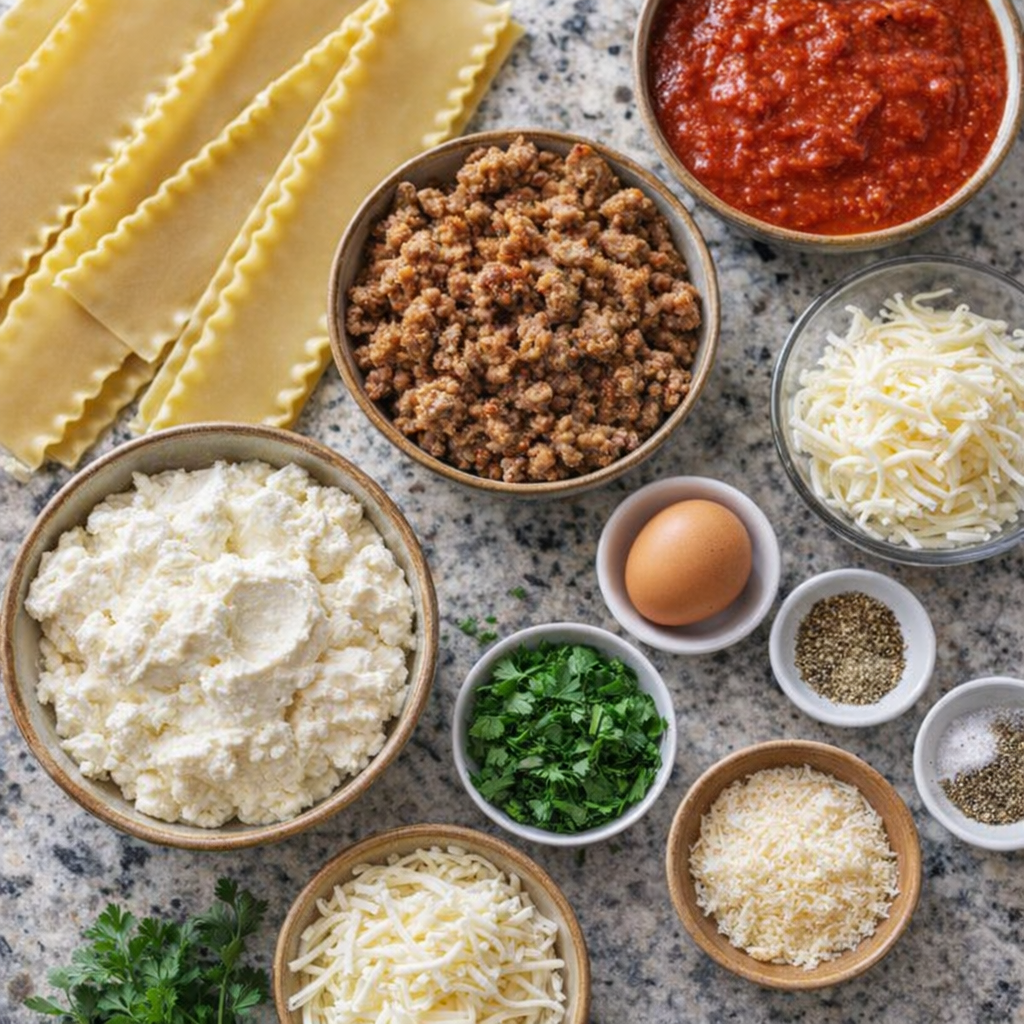 Lasagna roll-up ingredients arranged on a kitchen counter