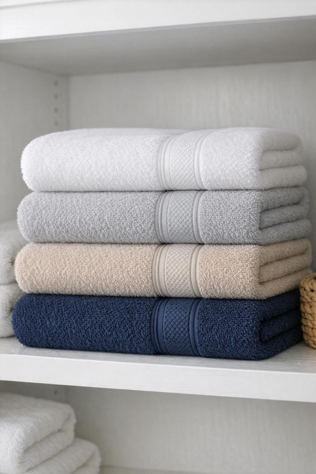 Neatly folded bath towels using the border as a fold line