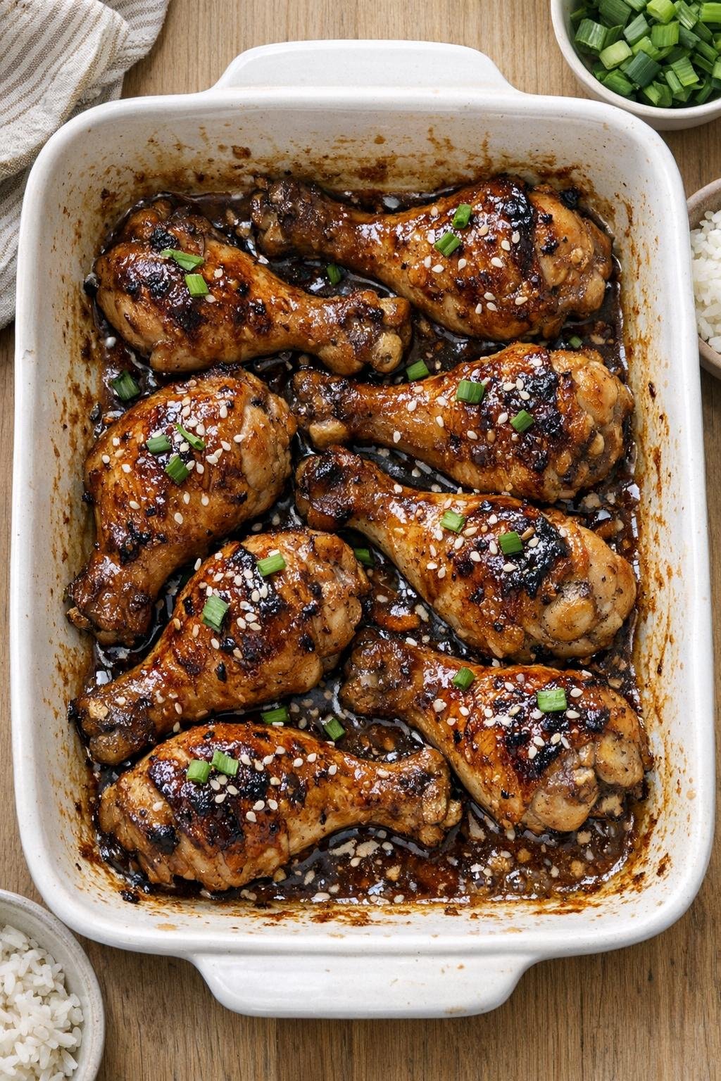 Finished glazed chicken drumsticks in a ceramic baking dish