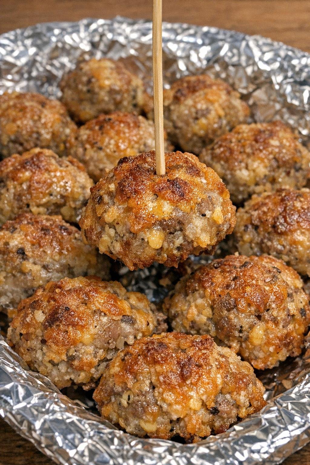Close-up of sausage crawley balls on a foil-lined platter