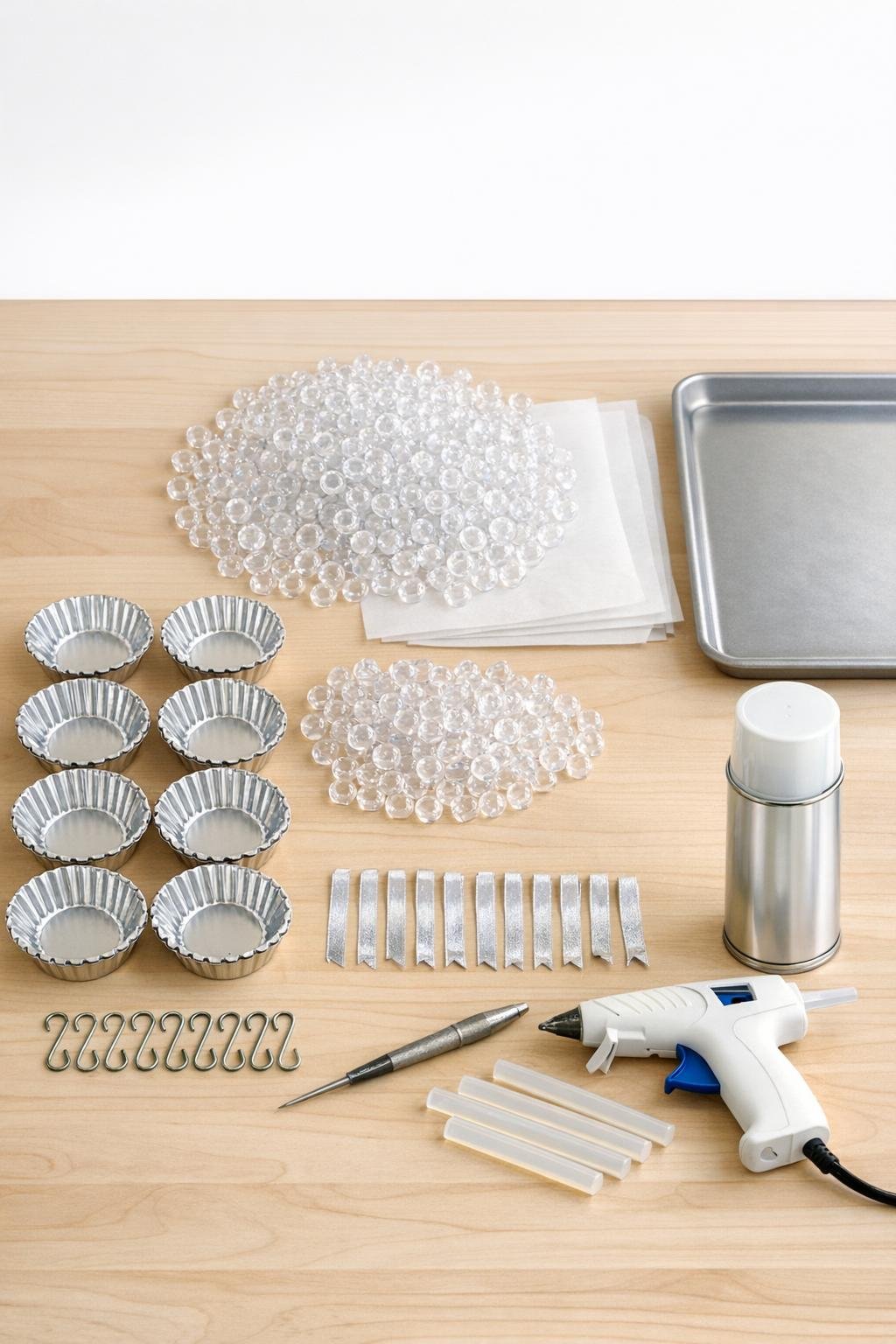Materials laid out for making pressed crystal ornaments