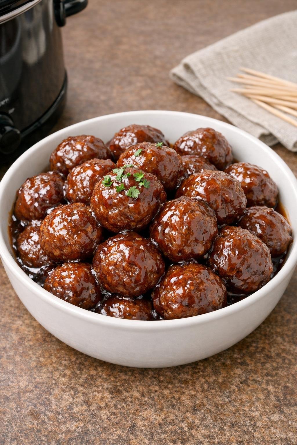 Finished root beer beef meatballs plated in a serving bowl