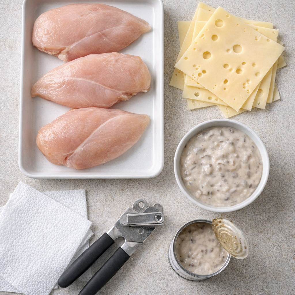 Three simple ingredients laid out for Swiss chicken bake