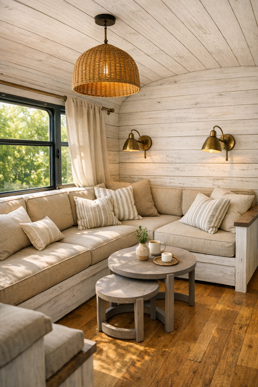 Bright bus living room with built-in bench seating and warm wood finishes
