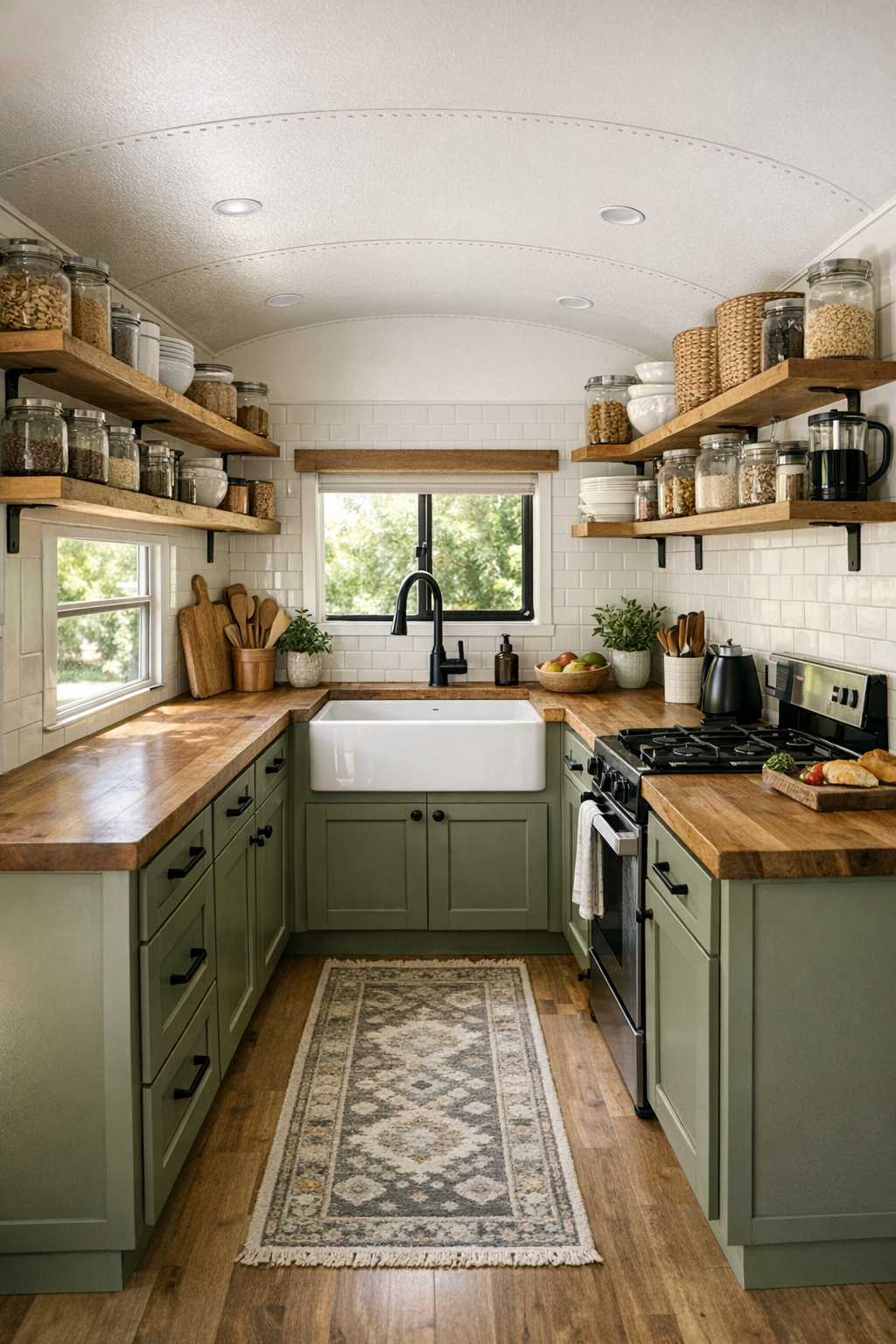 Inviting bus kitchen with olive green cabinets, butcher block counters, and open wood shelves