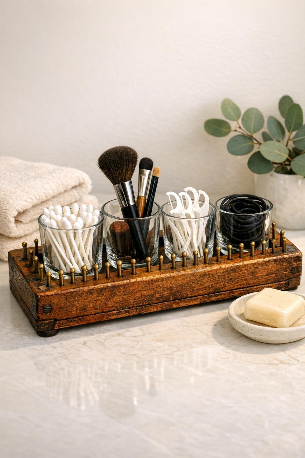 Finished bathroom vanity organizer made from a wooden spool holder and glass votives