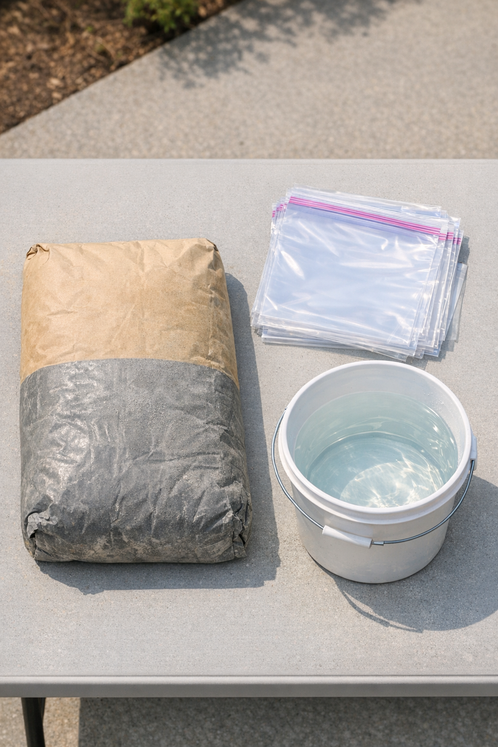 Materials for making cement yard cobbles laid out on a work surface