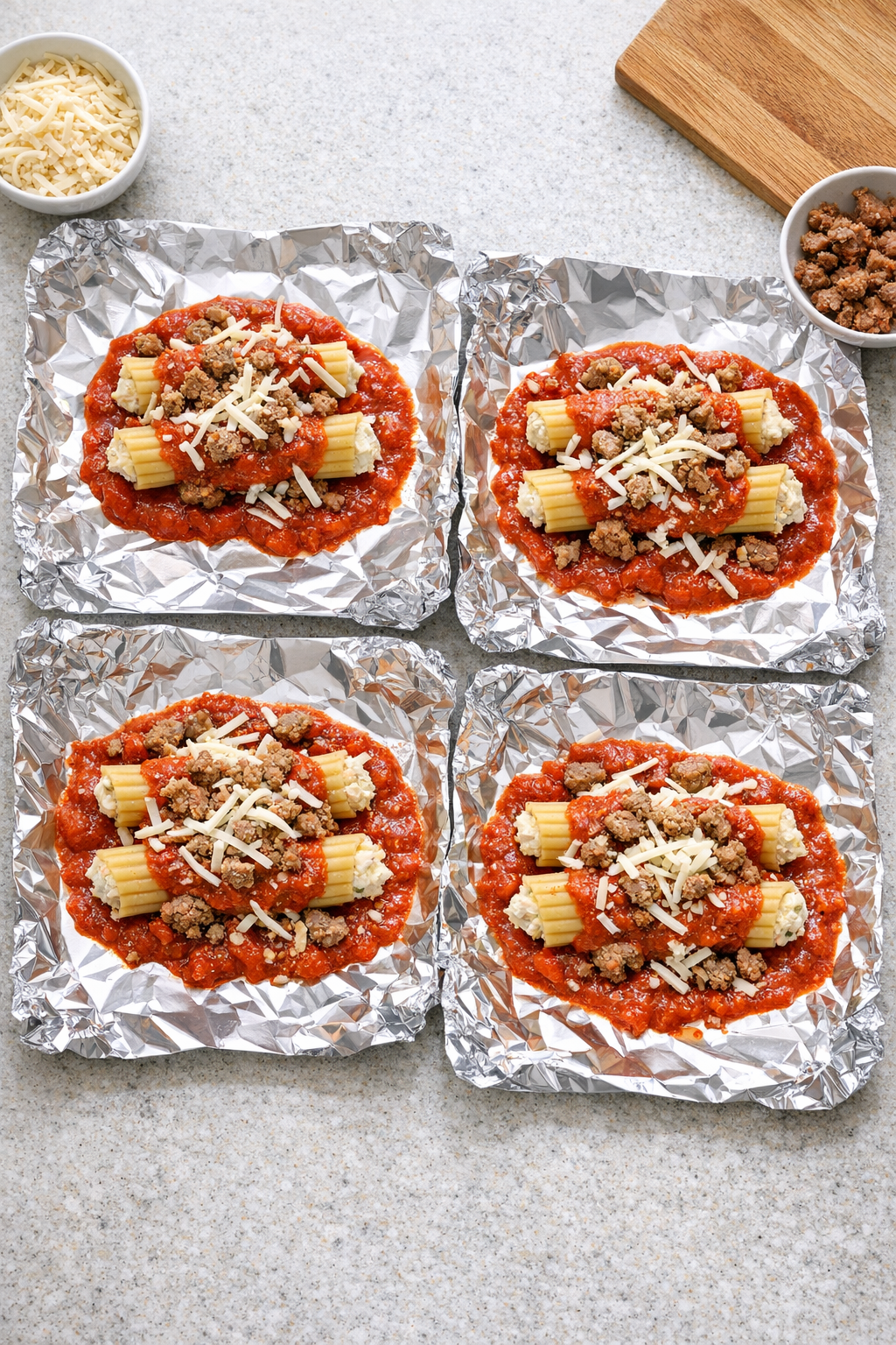 Foil packets assembled with sauced manicotti