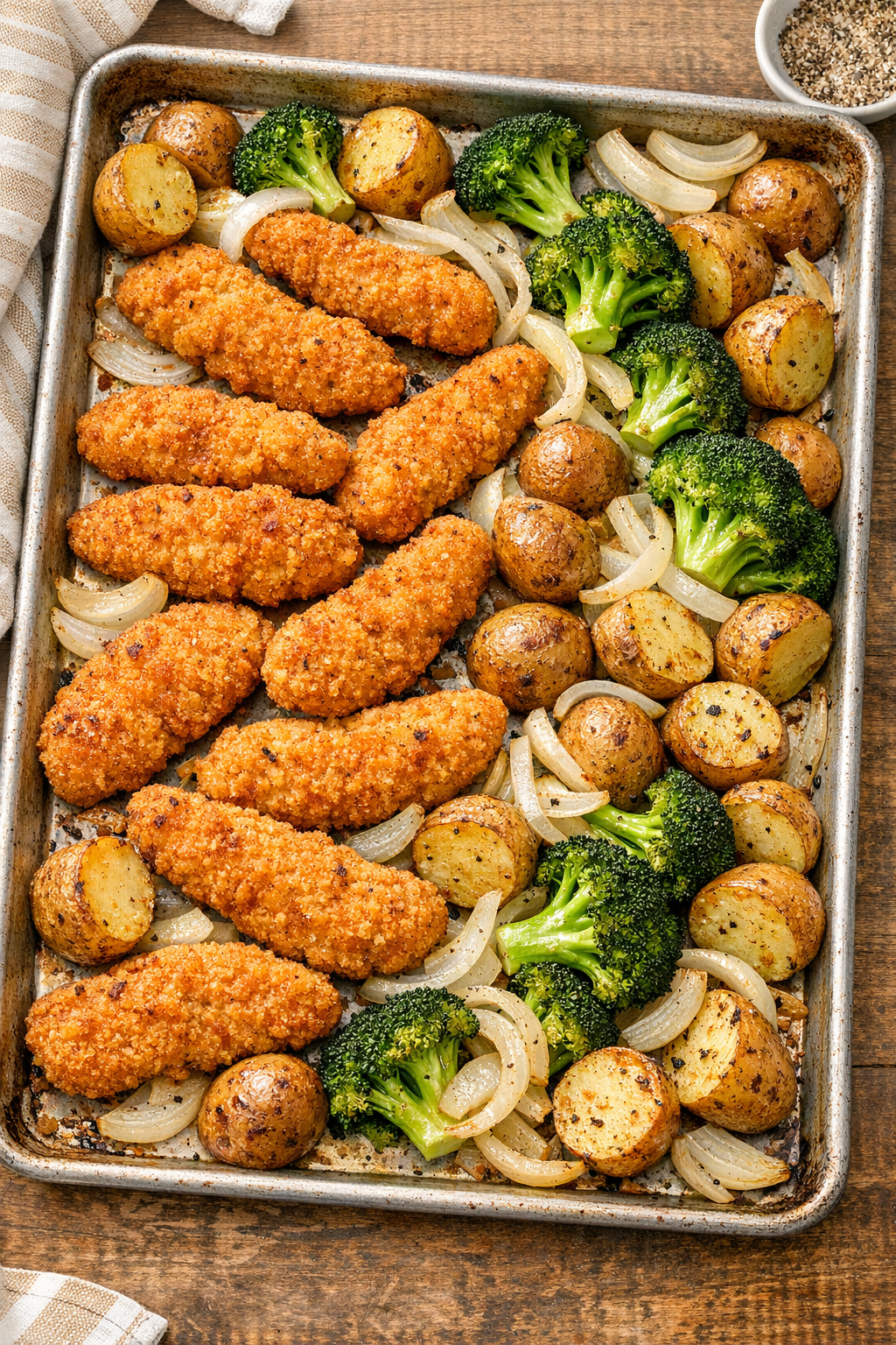 Finished oven chicken and potatoes on a sheet pan