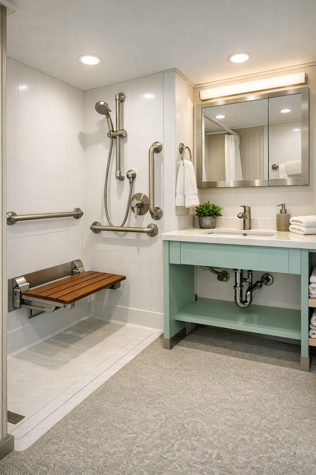 Accessible RV bathroom with curbless shower and mint vanity