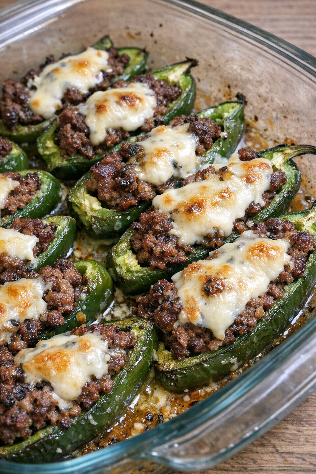Oven baked beef stuffed jalapenos in a glass casserole dish