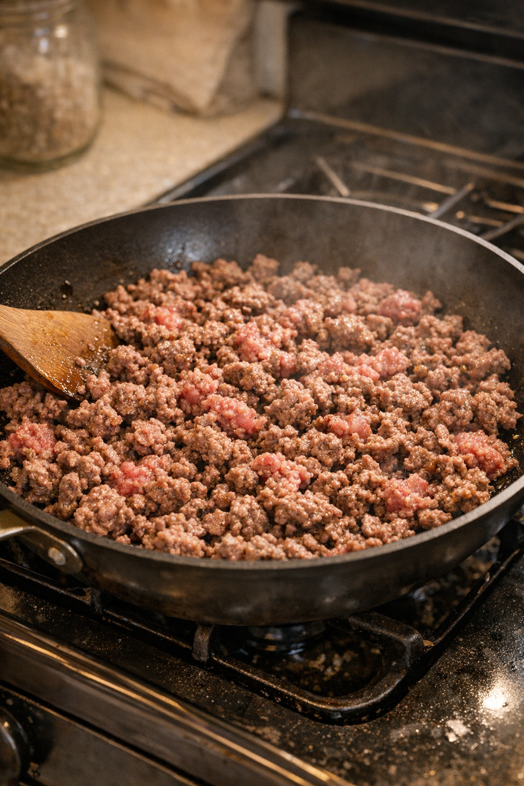 Ground beef browning in a skillet