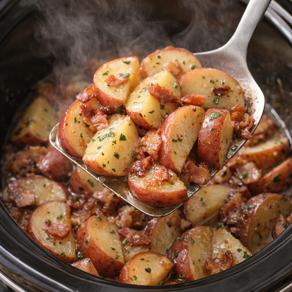Potatoes in the slow cooker being gently turned with a spatula