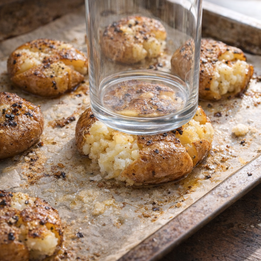 Potatoes being smashed on a parchment-lined baking sheet