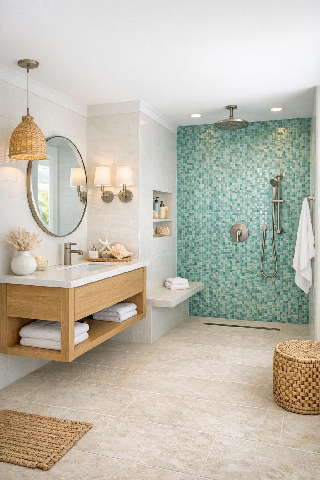 Bright barrier-free bathroom with a curbless shower, pale limestone-look tile, and a light oak floating vanity