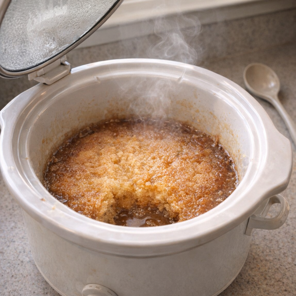 Warm butterscotch pudding cake served from a slow cooker