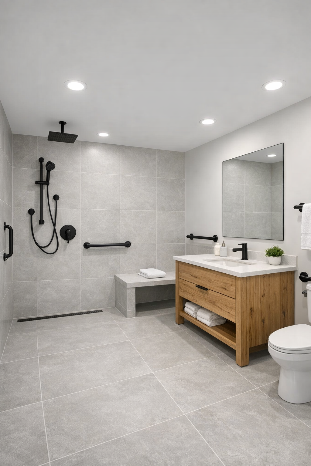 Light gray accessible bathroom with a curbless shower, wood vanity, and black fixtures