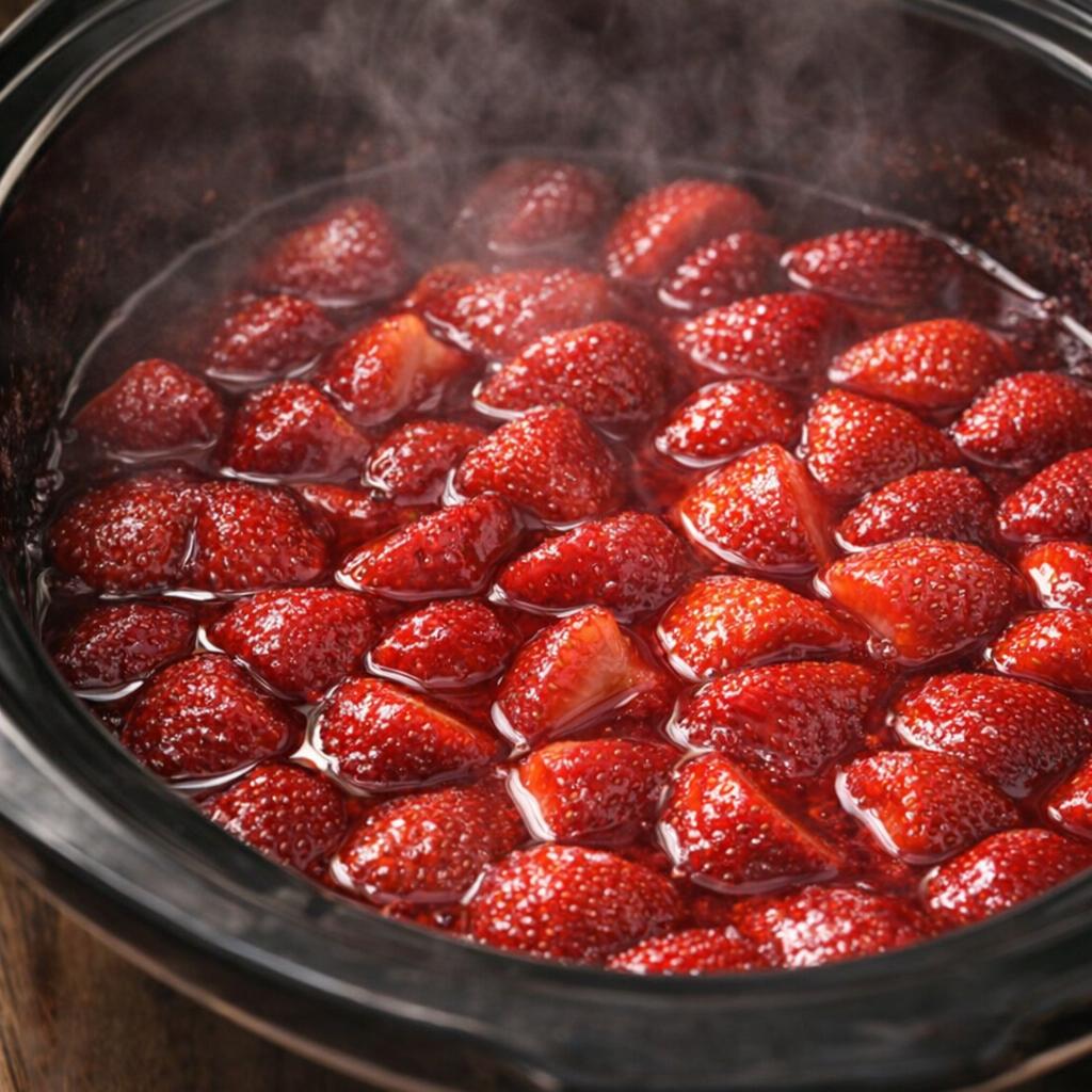 Cooked strawberries glossy and syrupy in the slow cooker