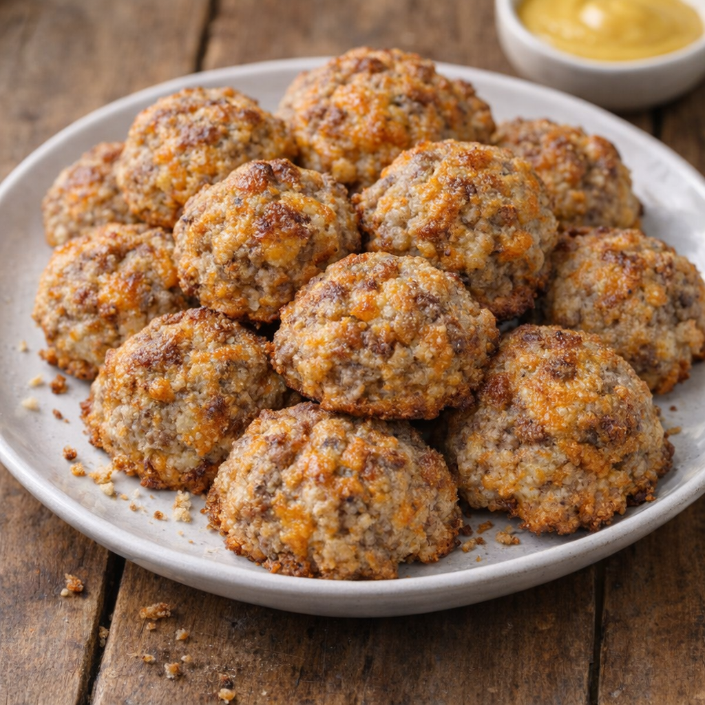 Plate of golden sausage balls on a farmhouse table