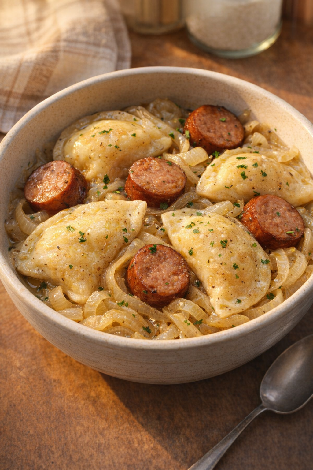Bowl of sausage and pierogies with onions