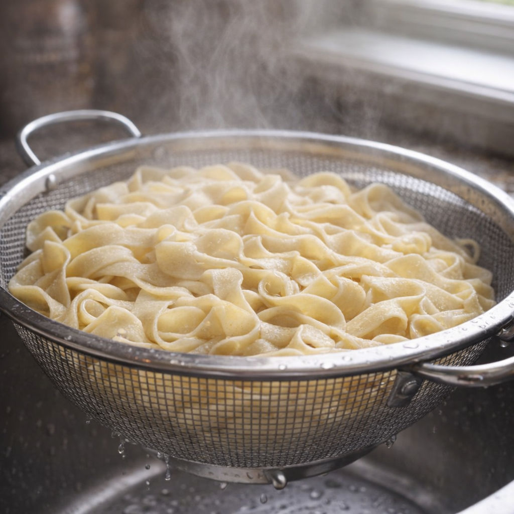 Wide egg noodles draining in a colander over the sink