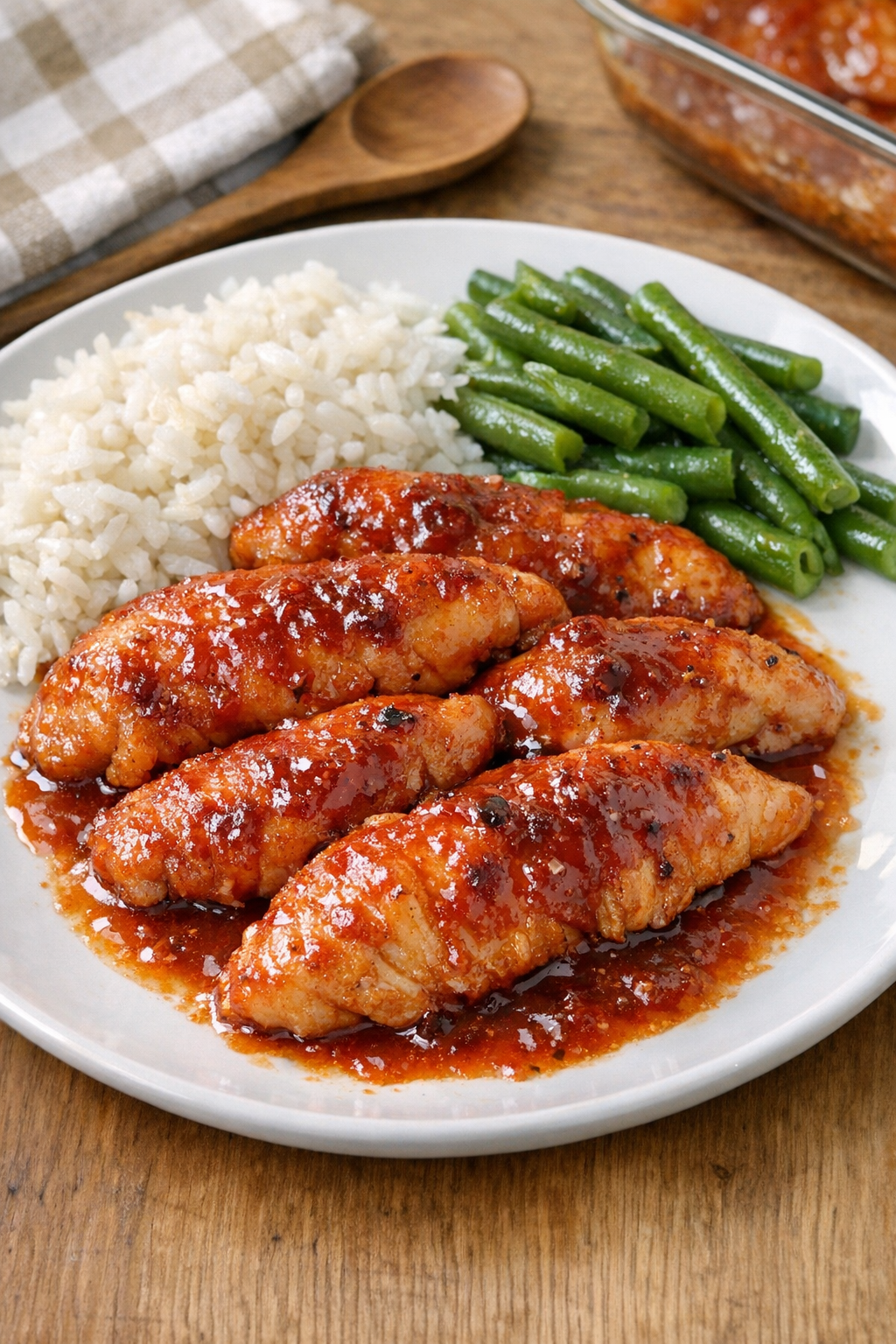 Baked chicken tenderloins in glossy red sauce