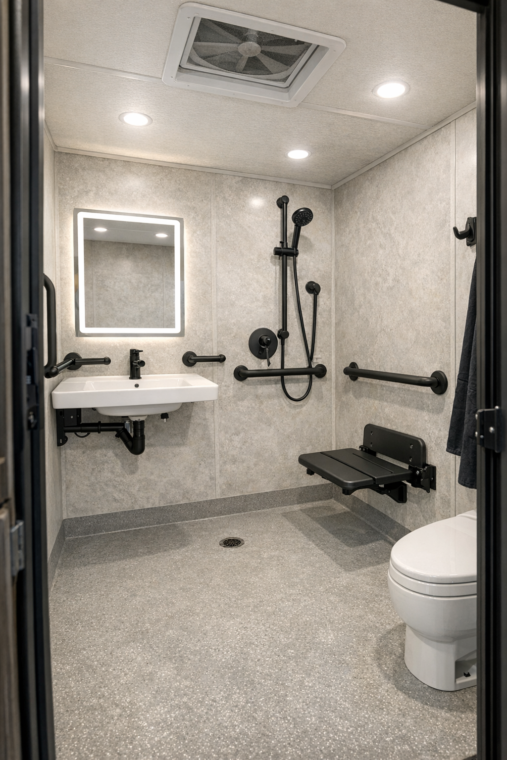 Accessible RV camper bathroom with wet-room layout, pale finishes, and matte black fixtures