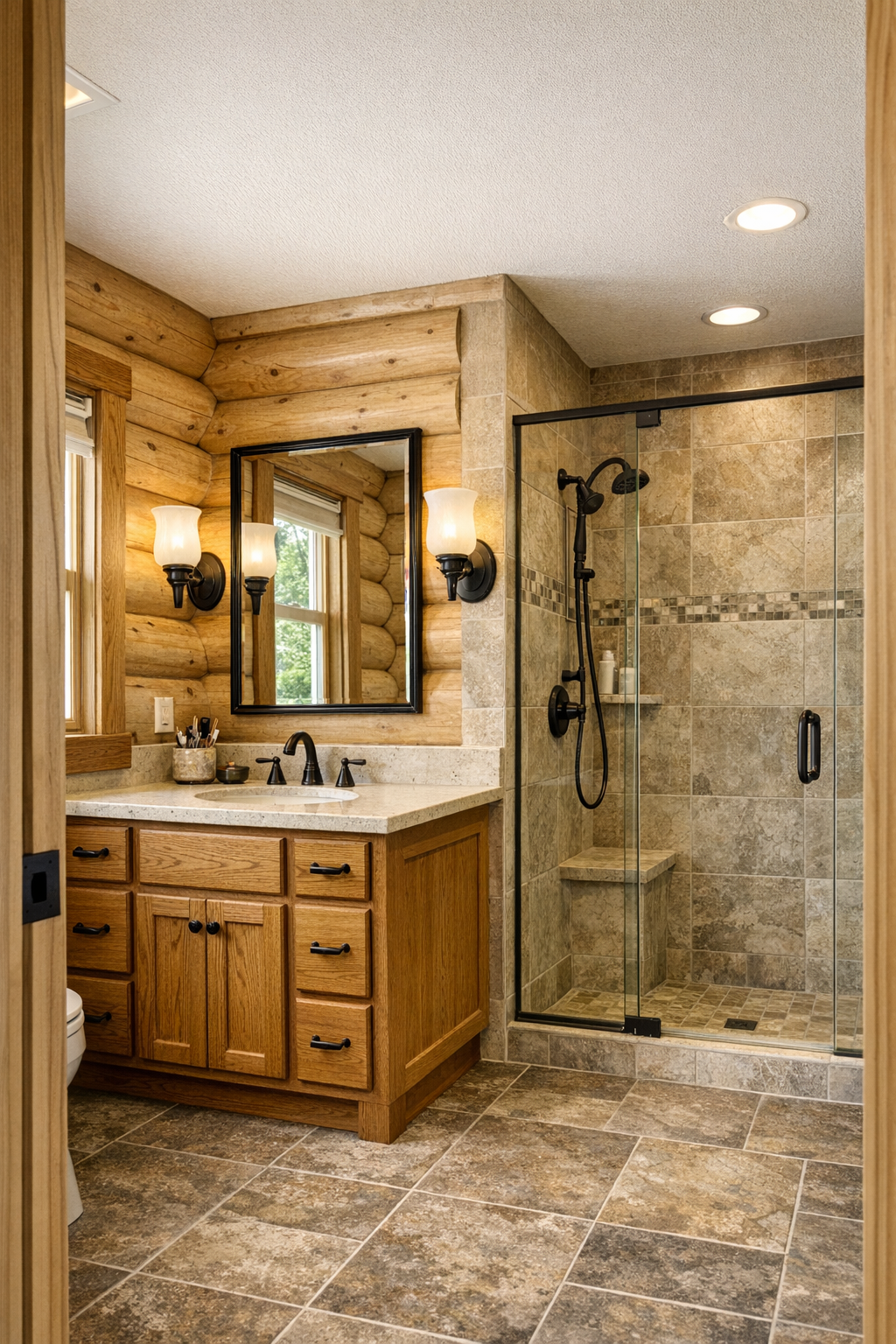 Refined rustic bathroom with oak vanity and tiled shower