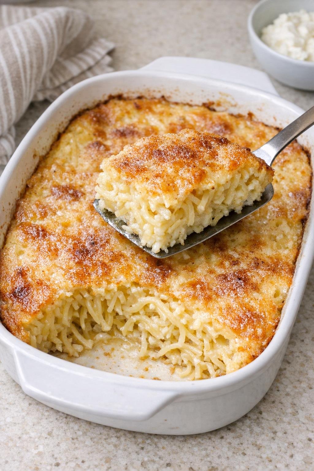 Finished baked sweet spaghetti dessert in a ceramic baking dish