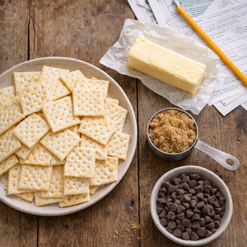 Slow cooker dessert ingredients spread on a farmhouse table