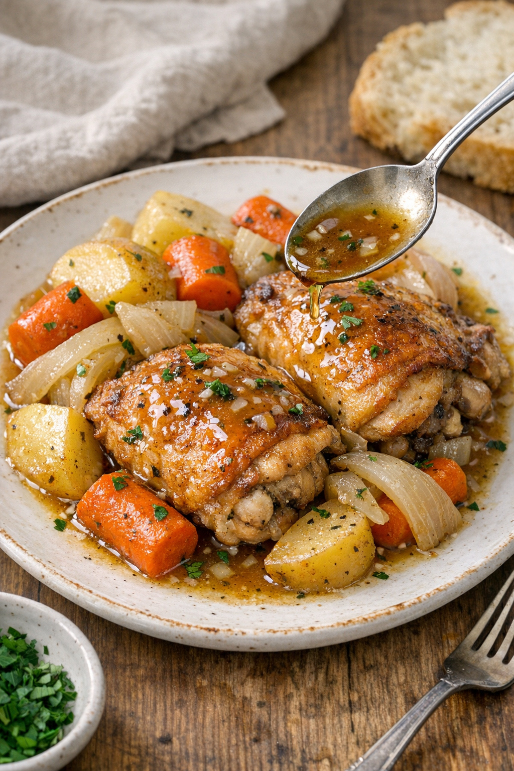 Finished slow cooker chicken thigh dinner plated with vegetables