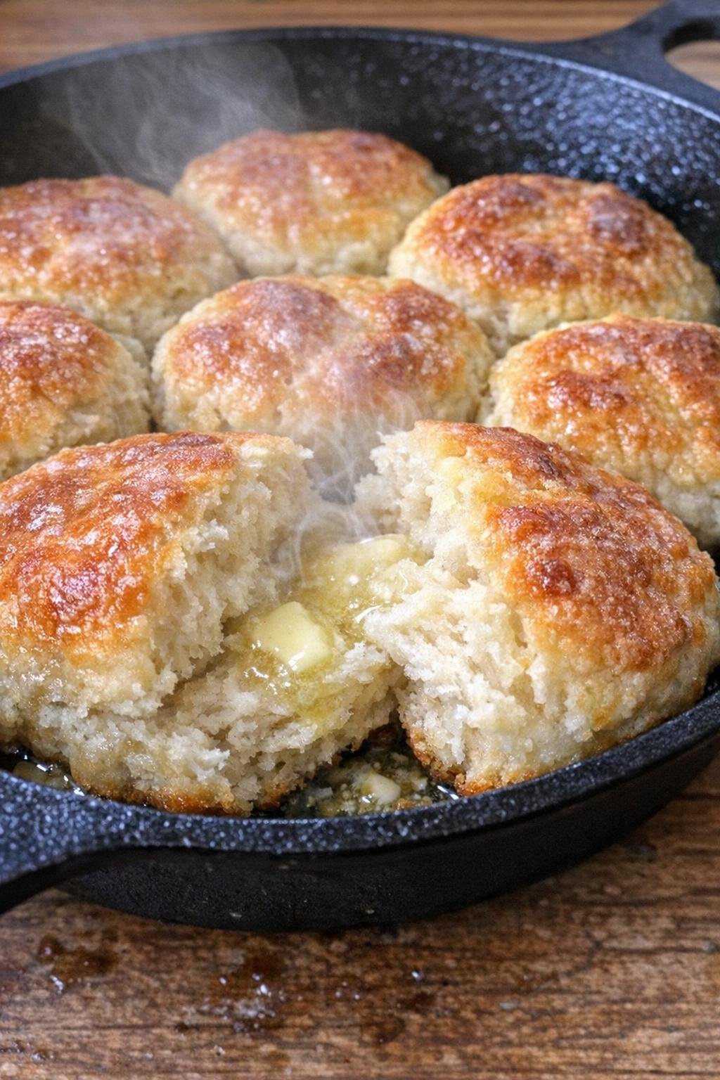 Tall golden fluffy biscuits in a cast iron skillet