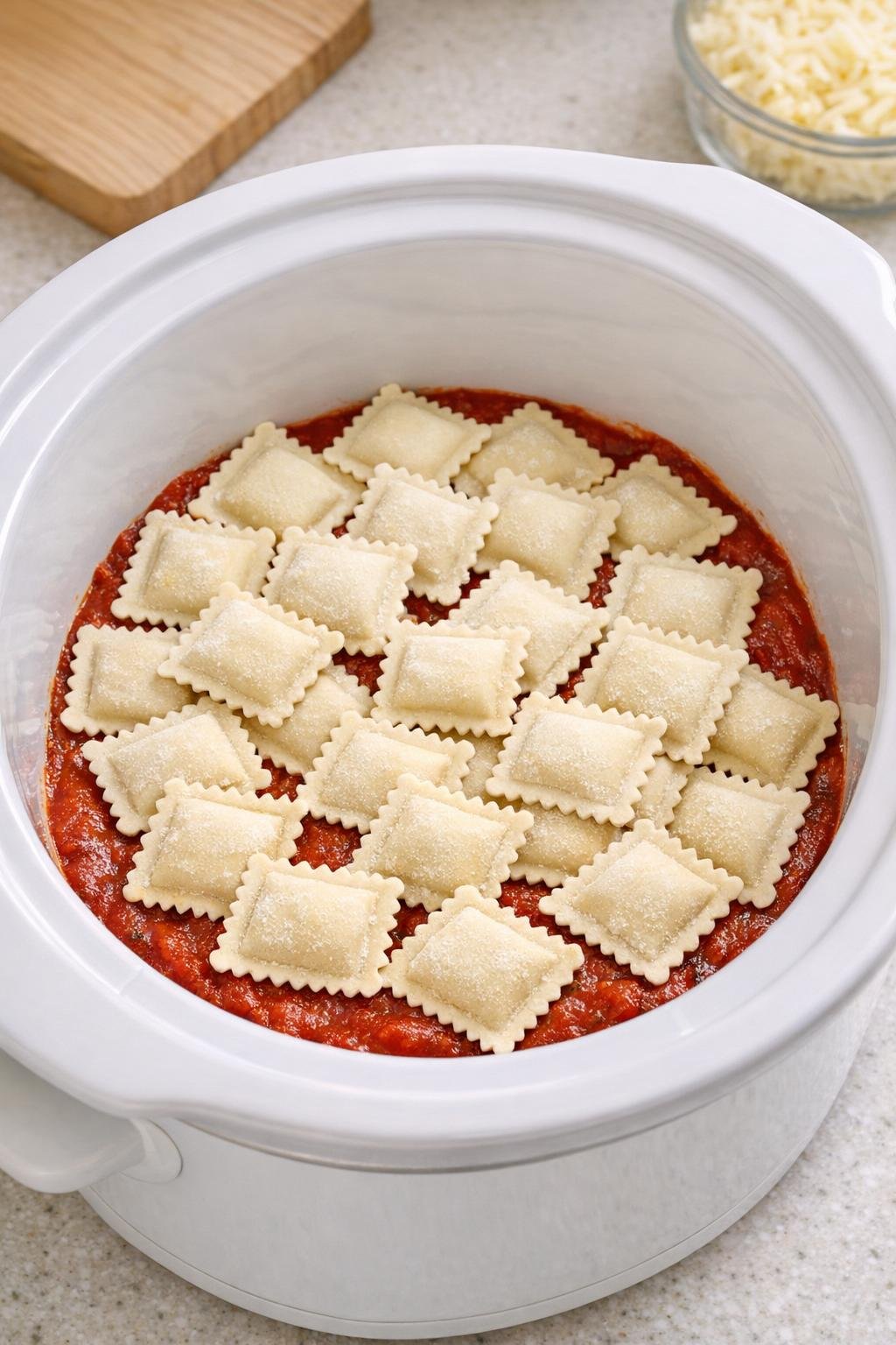 Saus en bevroren ravioli in laagjes in een slowcooker.