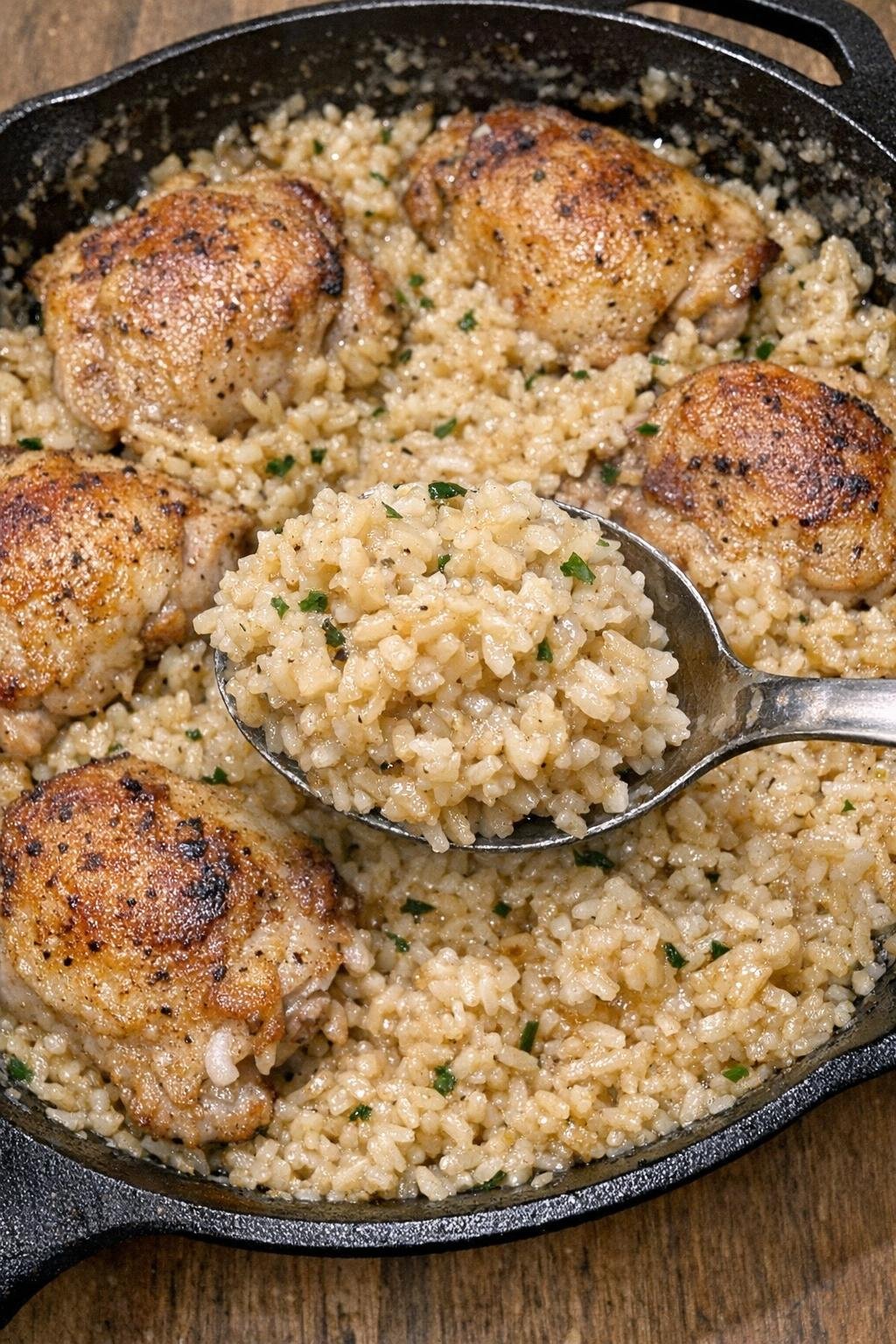 Tender browned chicken thighs and creamy buttery rice in a cast iron skillet