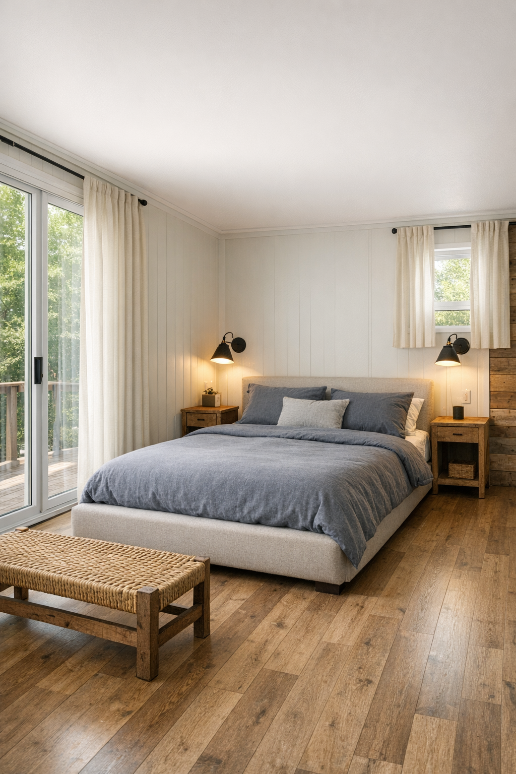 Soft modern bedroom with warm white walls, heather gray bedding, and weathered wood accents