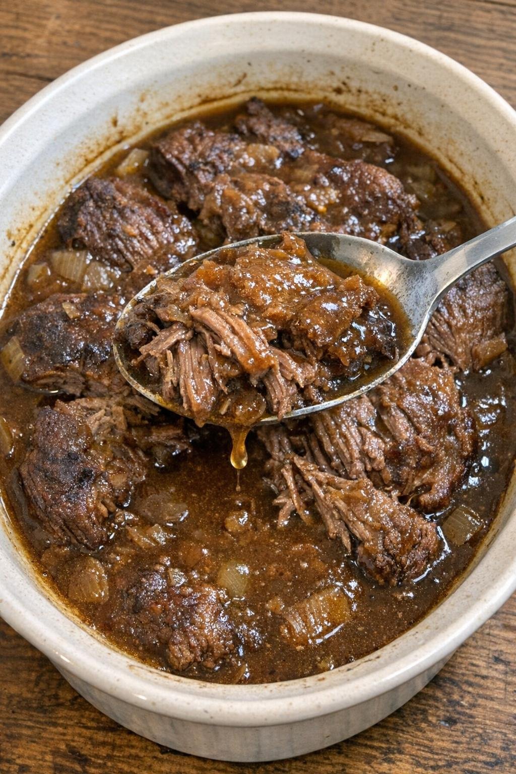 Thick tender chuck roast with rich brown gravy in an oval stoneware dish