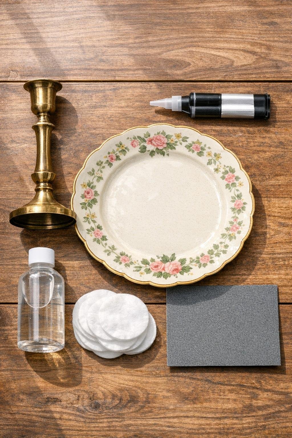 Materials for a DIY vintage cake stand laid out on a table
